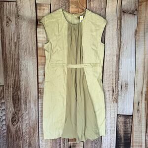 Longchamp Pleated Front Linen Shift Dress 40 US 8 NWT Khaki Lagenlook Minimalist